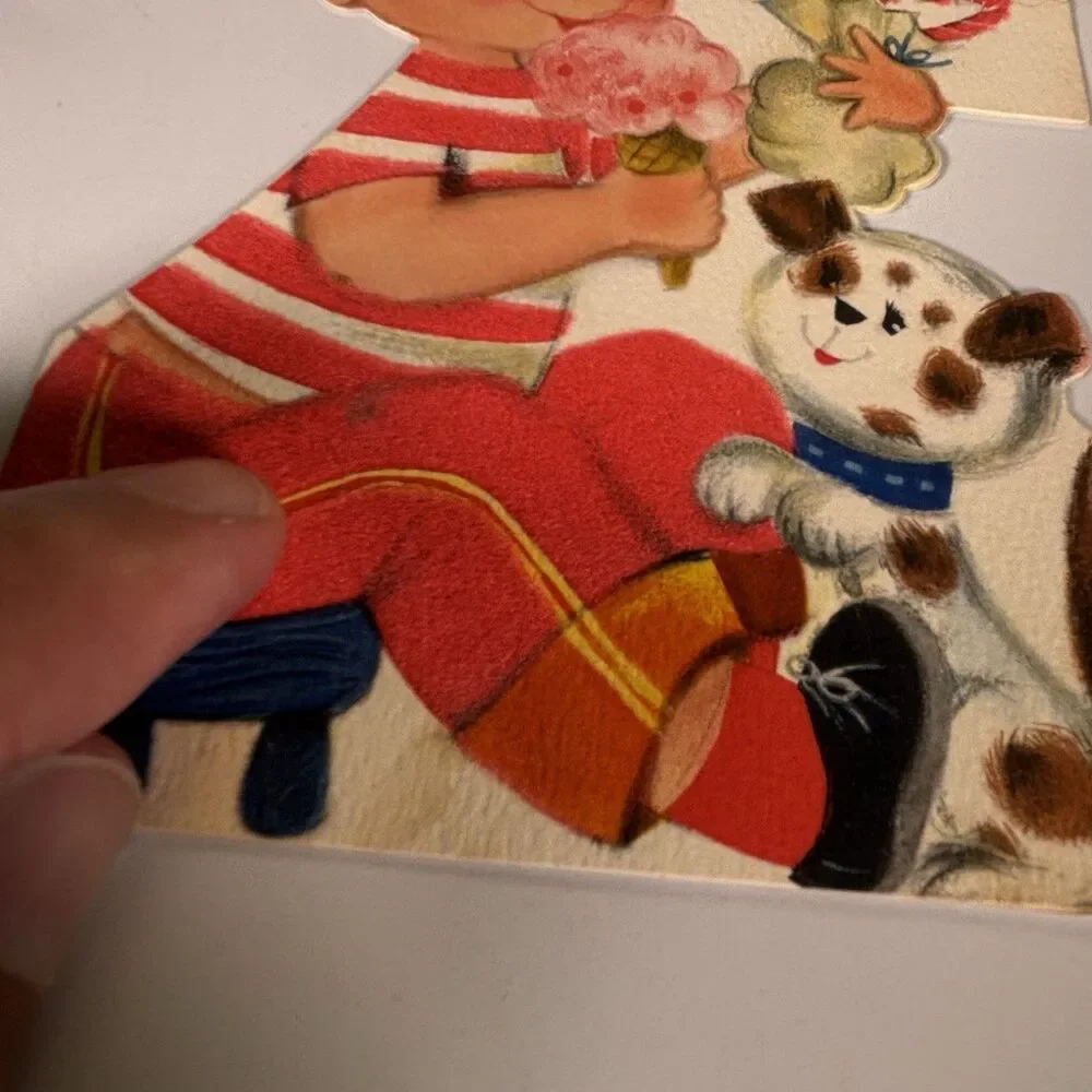 Vintage Hallmark Grandson Birthday Card Die Cut Boy Puppy Anthropomorphic Flock